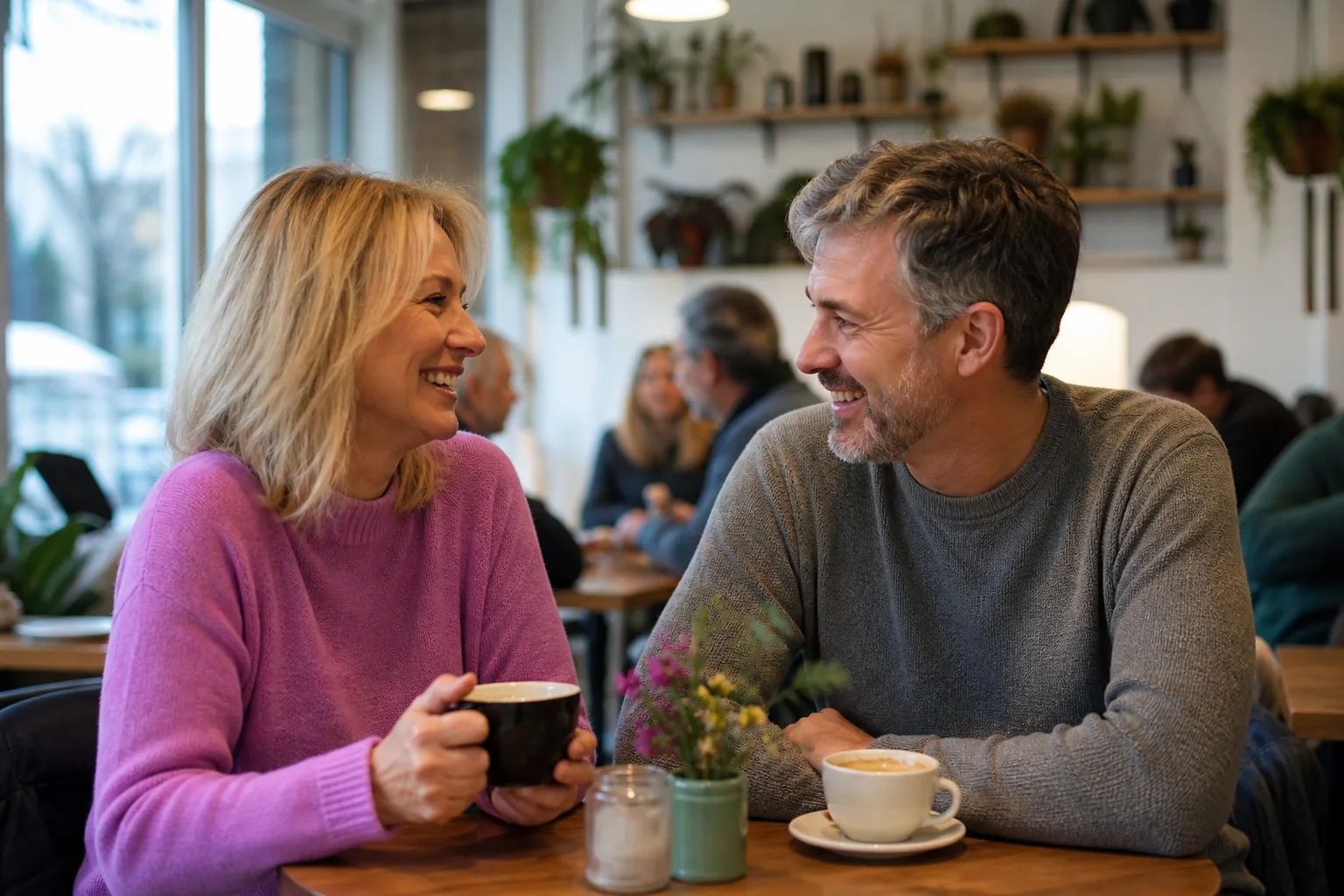Two people talking over coffee in Winchester city centre
