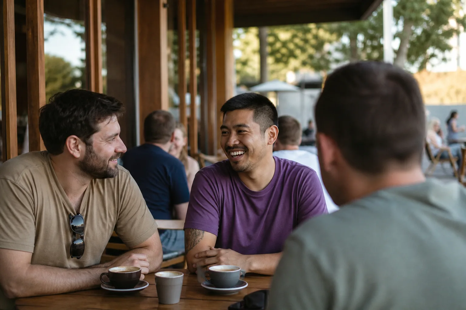 Two men talking over coffee in a relaxed Hampshire café