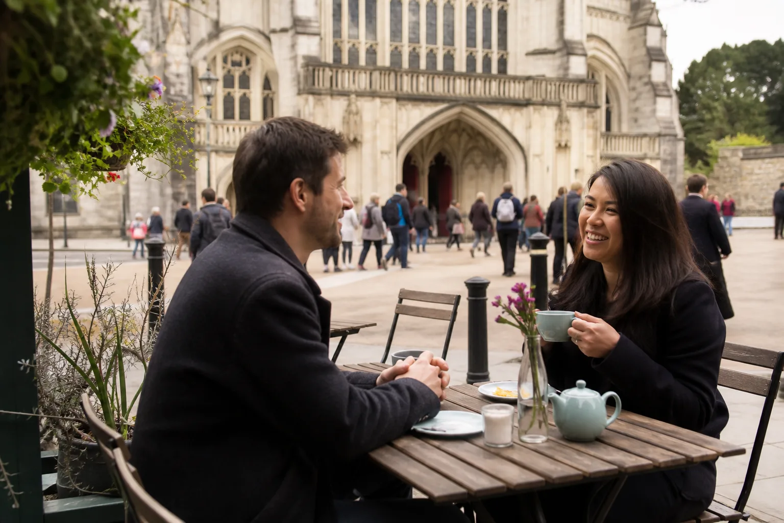 Two people talking over coffee in central Winchester