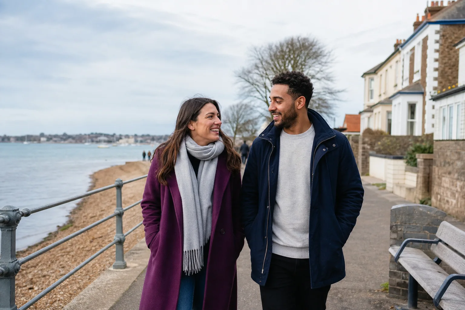 Two people talking beside the waterfront in Gosport