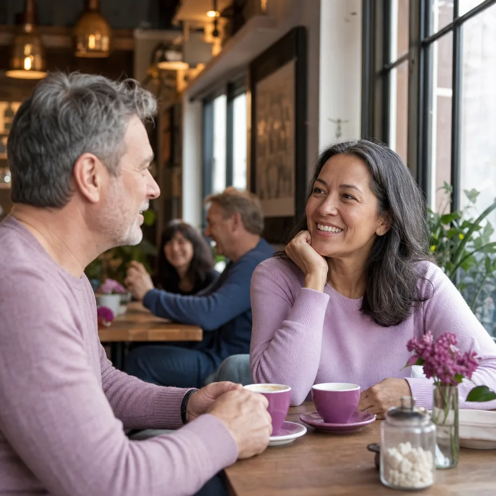 Two mature Hampshire singles sharing coffee at an outdoor table