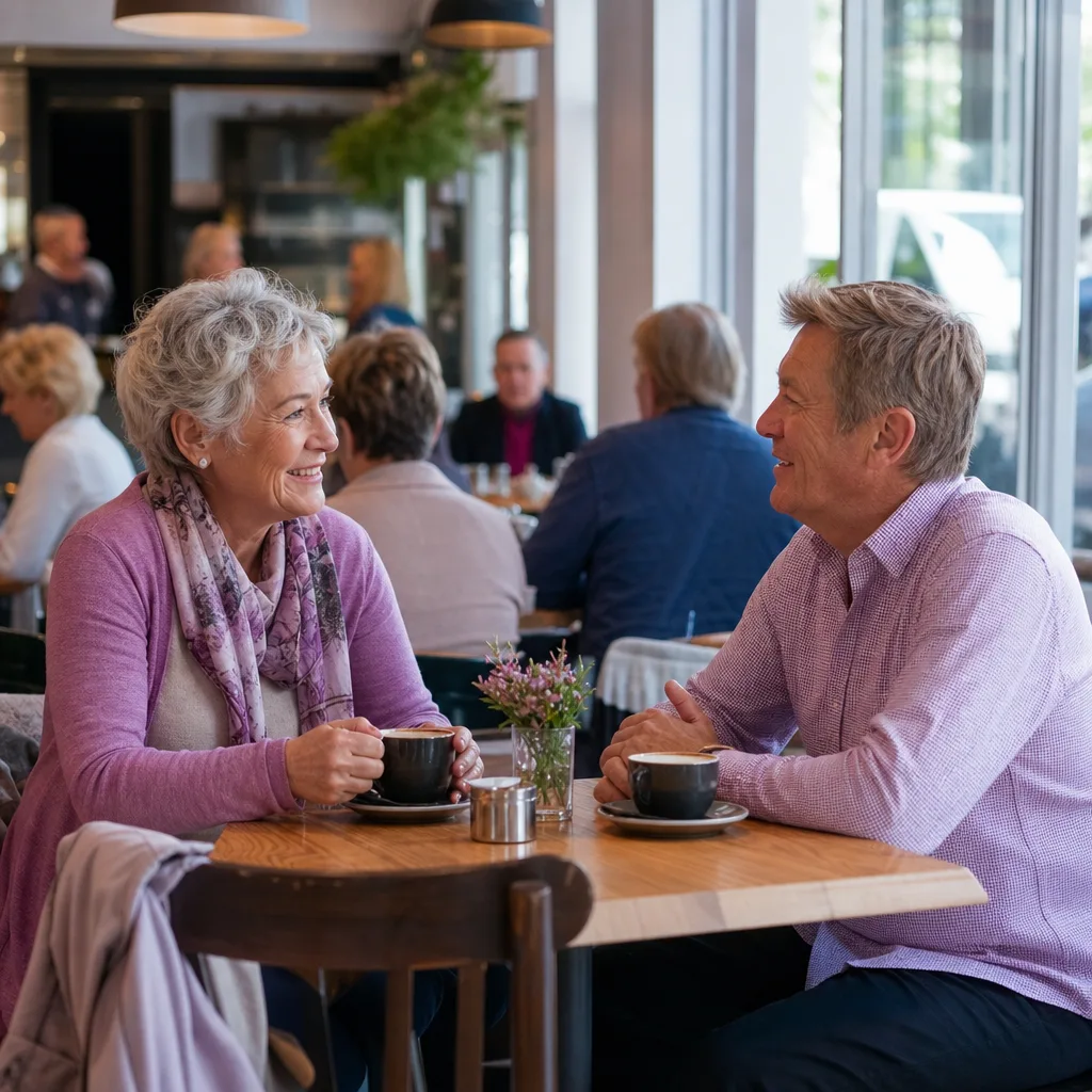 Two people over 50 meeting for coffee near Winchester Cathedral