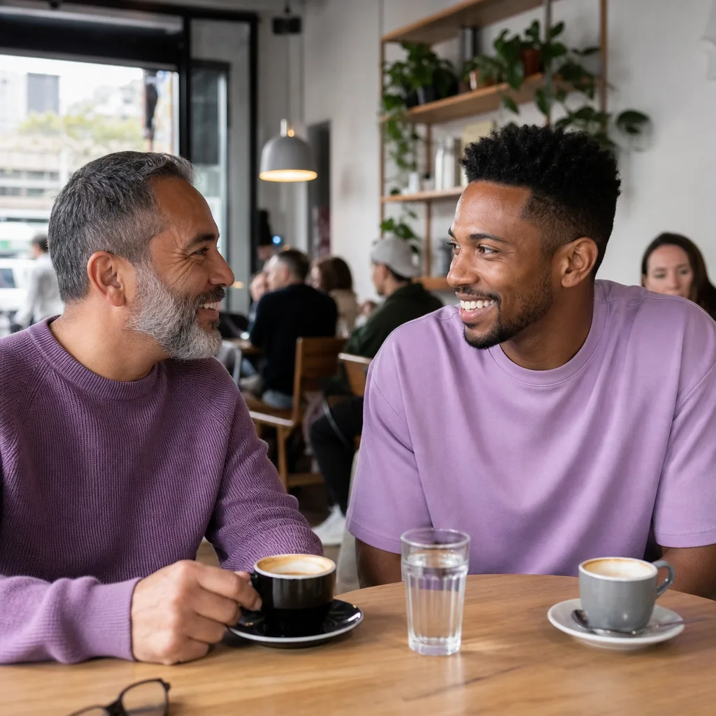 Two men meeting at a busy café in Winchester city centre