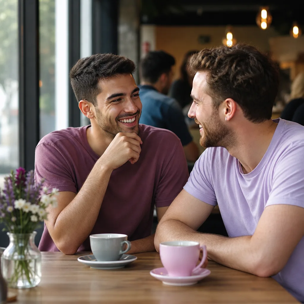 Gay couple having a relaxed conversation at a Winchester cafe
