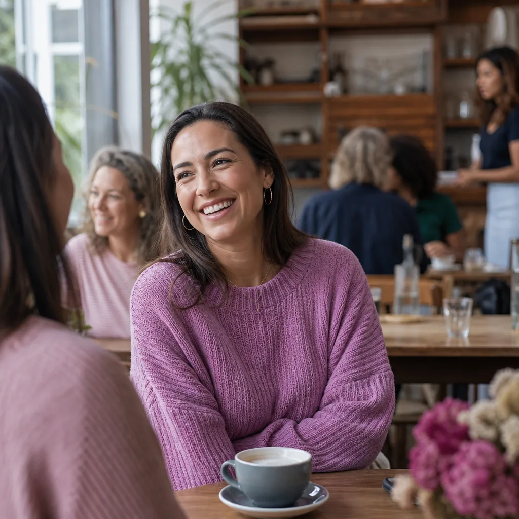 Woman and man meeting in a busy public café in Hampshire