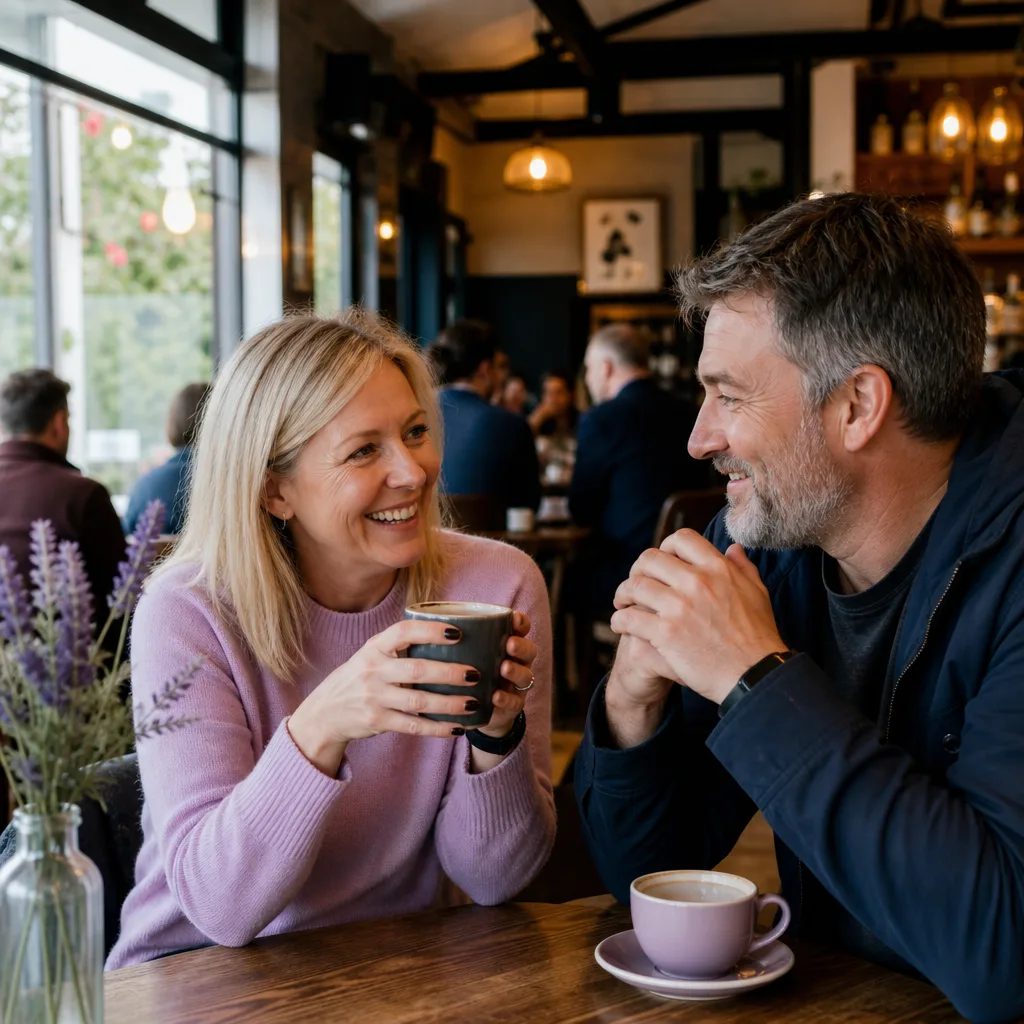 Two adults meeting at a busy café in Basingstoke