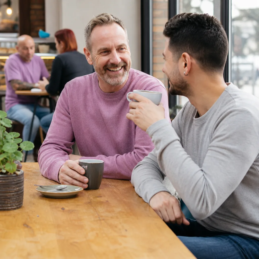 Two men meeting outside a busy public cafe in Winchester