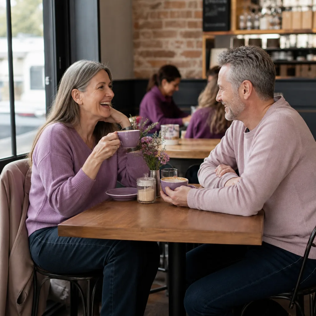 Mature couple meeting in a busy Hampshire café during the day