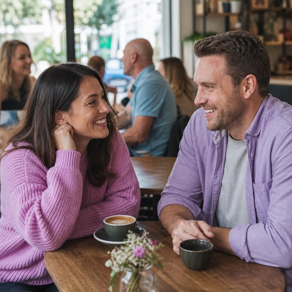Two adults meeting in a busy public café near Basingstoke station